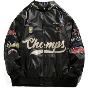 Unisex Black Aelfric Eden Faux Leather Racing Jacket Oversized Biker Streetwear
